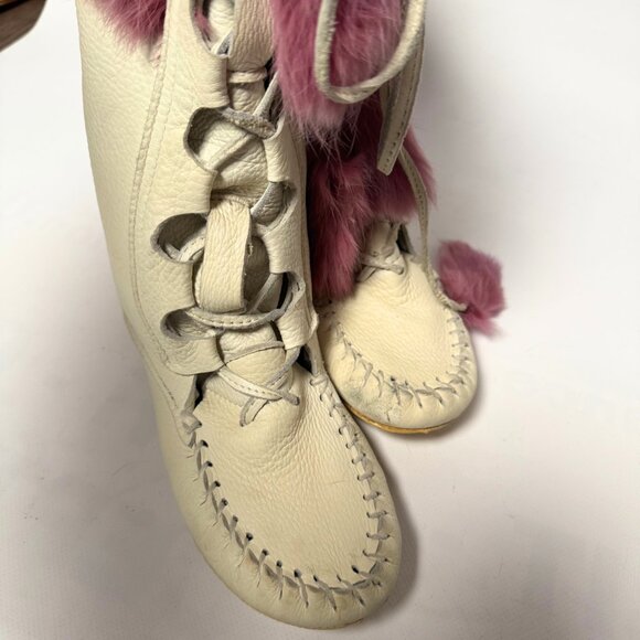 High Top White Leather Moccasins with Rabbit Fur & Pom Poms – Made in Canada – W - Picture 7 of 8